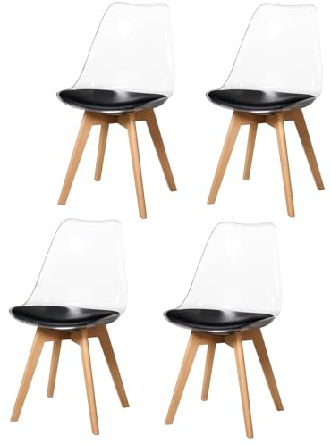 GrandCA HOME Esszimmerstuhl-Set mit 4 Stück, Transparentes Stuhl-Set mit 4 Stück, umweltfreundliches PP-Material/PU-Kissen（Schwarzes PU-Sitzkissen,4）
