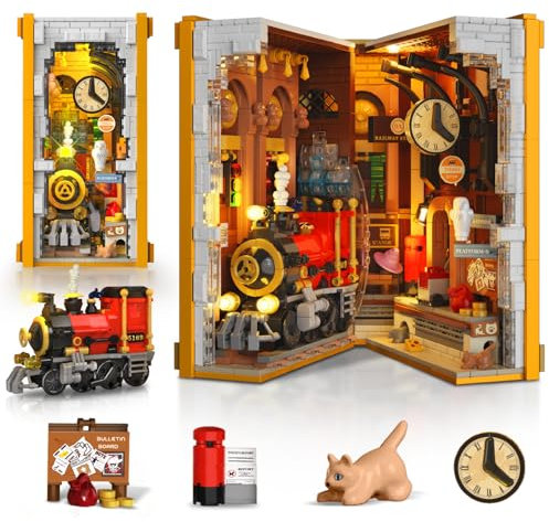 HOGOKIDS Magischer Bahnhof Book Nook Bauspielzeug Set mit LED, 1300 Pcs Buchstützen-Bausteinsatz für Bücherregal, Heimdekoration, DIY Booknook Geschenke für Erwachsene, Jungen Mädchen ab 10 Jahren