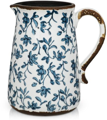 Oairse Rustikale Keramikvase mit Griffen Weiß und Blau für Blumendekoration Blumenvasen Deko Vase für Pampasgras Blumen, Tischdeko, Trockenblumen Deko Vasen für Wohnzimmer, Bürodeko