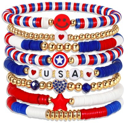 ecozran Patriotic USA Bracelets,Red White and Blue Handmade Jewelry, 4th of July Outfit, USA Patriotic Stackable Rainbow Beaded Stretch Bracelets,Elastic Layering Friendship Jewelry (4th of july-4)