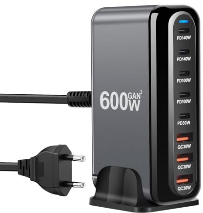 600W USB C Caricatore Multiplo, 8 Porte Stazione di Ricarica Veloce con 6 -C e 2 -A Caricatore PD PPS 100W Alimentazione per MacBook Pro/Air, iPad Pro/Air, Sumsung etc-Nero