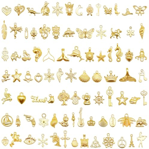 Julie Wang 200 Pieces Assortment Gold Tone Charms for Jewellery Making Bulk Mix Alloy Pendants for Bracelet Necklace Crafting DIY Supplies 5-30mm