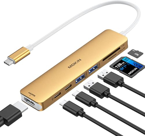 MOKiN USB C Hub, 7 in 1 HDMI Adapter für MacBook Pro/Air, Mac Dongle | USB C Adapter mit HDMI Hub, 2x USB 3.0, PD 100W, SD/microSD, Multiport Adapter für iPad, Lenovo Dell XPS(Gold)