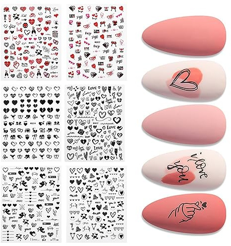 6 adesivi per unghie autoadesivi a forma di cuore, colore rosso, autoadesivi, decorazione per unghie in bianco e nero, per San Valentino, per nail art, accessori fai da te