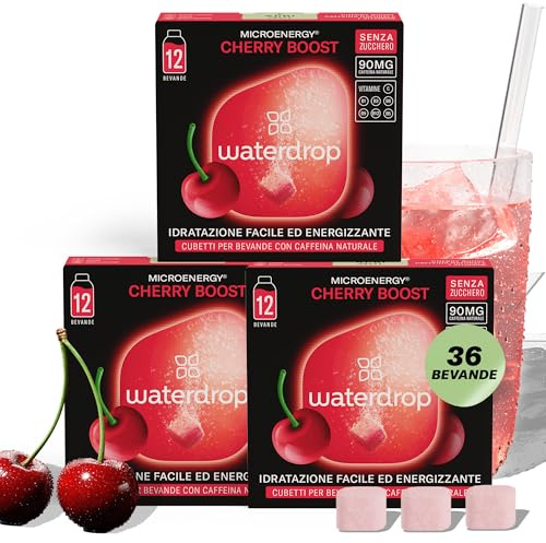 waterdrop® Coffret Microenergy, Boisson Énergisante Sans Sucre, Boisson Gazeuse avec Arôme de Cerise, 36 Cubes Effervescents avec 90 mg de Caféine Naturelle, Vitamines B et C