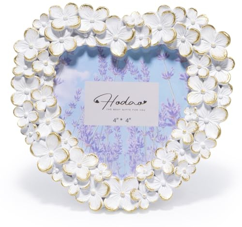 Hodao 4x4 Inch 3D Floral Heart Shaped Frame - Hand-Crafted Resin Picture Frame with White & Gold Accents for Wedding, Mother’s Day & Romantic Home Decor (White Gold-Heart)