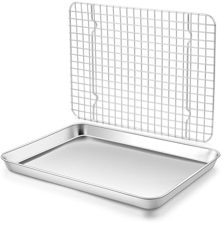 Homikit Baking Sheet with Wire Rack Set (1 Pan+1 Rack), 12 x 10 Stainless Steel Quarter Sheet Pan with Grid Cooling Rack for Toaster Oven Roasting, Metal Bacon Cookie Trays Nonstick Jelly Roll Pan