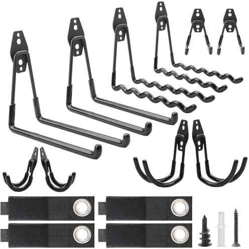 OulQinyhome Lot de 14 Crochets Muraux Robustes pour Garage – Crochets Doubles en Métal – Rangement Suspendu pour Outils Vélos Échelles et Équipements Divers