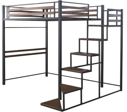 habitat et jardin Metall-Hochbett mit Treppe Lena - 140 x 200 cm - Schwarz und Walnussbraun