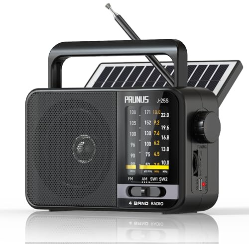 PRUNUS J-25S FM AM SW Weltempfänger Radio, Solar Radio mit Akku 1800mAh, Kofferradio mit Großem Lautsprecher, Exzellentem Empfang, Einfach Transistorradio für Senioren.