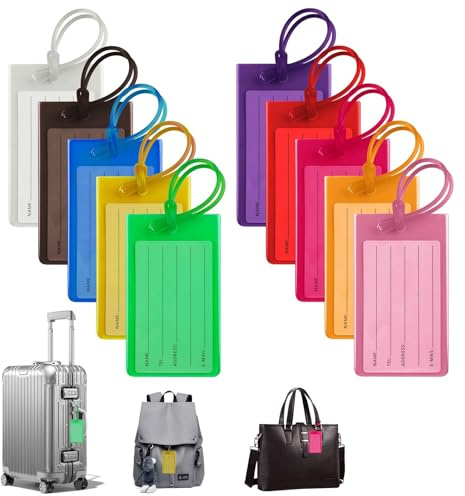 Aihoom 10pcs Etiquetas de Equipaje Transparentes y Coloridas, Identificadores para Maletas y Mochilas, Fabricados en PVA Resistente,Amarillo, Naranja, Púrpura, Rosa, Verde, Azul, Negro, rojo