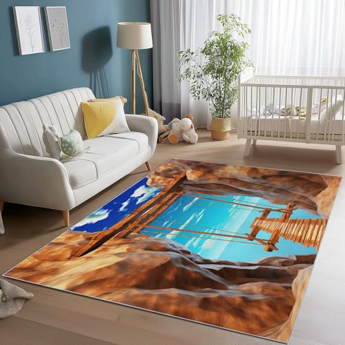 Tappeto 60 x 120 cm Tappeti Antiscivolo Colorato, 3D Fantasy Scala di legno Rocce Tappeti Morbidi a Forma Rettangolare per Soggiorno, Decorazione per la Casa Tappeto Lavabile in Lavatrice