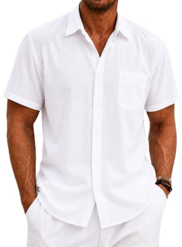 SEAYIJIA Mens Linen Shirts Short Sleeve Cotton Linen Shirts Casual Summer Shirt with Pocket Casual Beach Shirt, White L