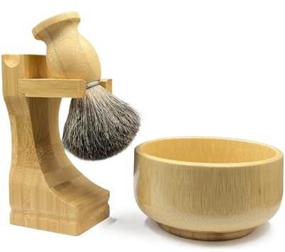 Kikc Shaving Brush Set, Pure Badger Shave Brush & Bamboo Bowl with 2 in1 Shaving Stand,Complete Men's Wet Shaving Kit, Eco-Friendly Bamboo Handle, Lathering Bowl & Razor Stand (Horizontal/Hanging)