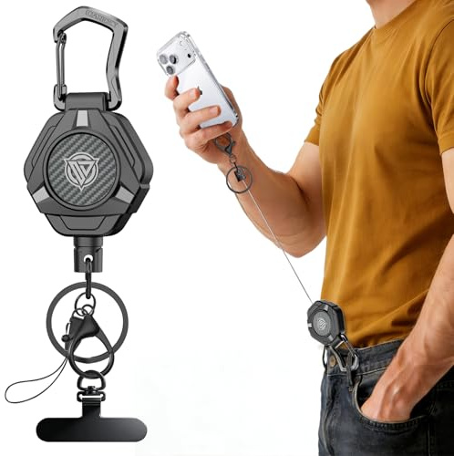 Oaridey Magnetic Anti Theft Phone Lanyard, Retractable Steel Phone Strap with Heavy Duty Carabiner and 360° Metal Phone Tether Tab For Skiing, Hiking, Fishing, Concert and Traveling, 1 Pack