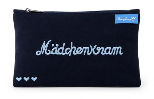 Ringelsuse Kosmetiktasche „Mädchenkram“ Damen – Schminktasche Baumwolle 12 x 20 cm – Kosmetikbeutel Fairtrade mit Reißverschluss, dunkelblau