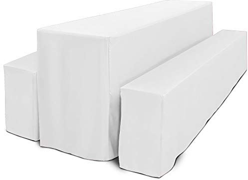 Beautissu 3tlg Hussen Bierzeltgarnitur Set Bodenlang für 70 cm breite Festzeltgarnitur – 2X Bierbank Hussen & 1x Biertisch Husse – Edles Komplettset mit Oeko-TEX Siegel in Weiß – Basic L