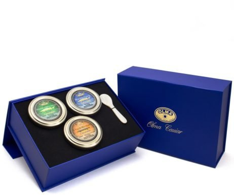 OLMA Gourmet Caviar Gift Box - Includes 6 oz of Siberian Osetra Aurora, Paddlefish & Hackleback Sturgeon Fish Roe & Mother of Pearl Serving Spoon - Overnight Delivery