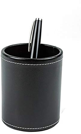 DELMON VARONE - Stifteköcher aus Cambridge Top Grain Leder schwarz, Echtleder Stiftebecher mit PU Innenverkleidung und rutschfester Vliesunterseite, Edler Stiftehalter rund für Schreibtisch und Büro