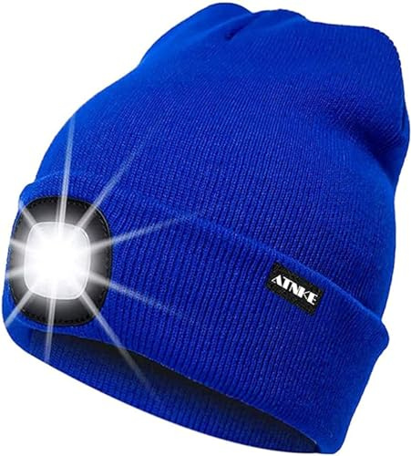 ATNKE LED Beleuchtete Mütze,Wiederaufladbare USB Laufmütze mit Licht Extrem Heller 4 LED Lampe Winter Warme Stirnlampe für Herren und Damen Geschenke