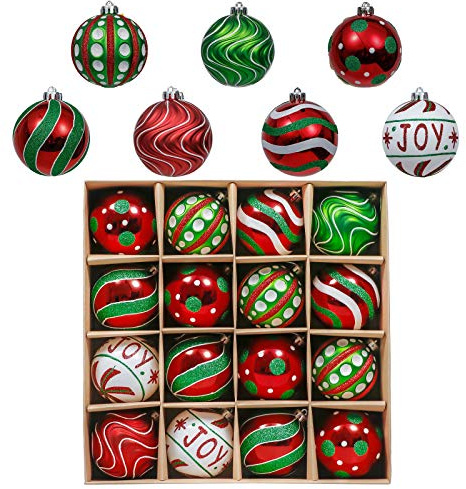 Valery Madelyn Christmas Ornaments Set, 16ct Red Green White Shatterproof Christmas Tree Decorations Ball Ornaments Bulk, 3.15 Inch Hanging Ornaments for Xmas Trees Holiday Party Decor