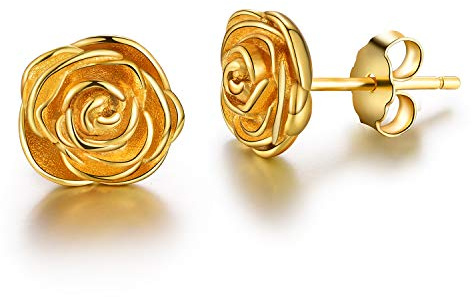Esberry ✦Gifts for Christmas✦ 18K Gold Plating 925 Sterling Silver Rose Stud Earrings Hypoallergenic Flower Earrings Jewelry for Women and Girls (Yellow Gold)