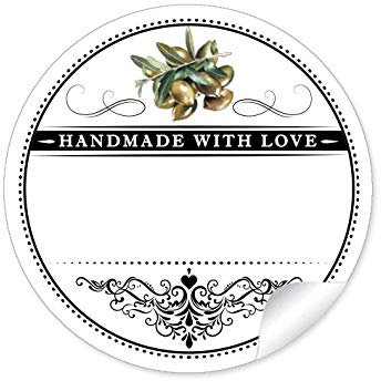 72 STICKER WEIß SCHWARZ GRÜN Oliven und Ornamente Handmade with Love mit Freitextfeld für Olivenöl, eingelegte Oliven, Antipasti u.v.m. • Papieraufkleber: 4 cm, rund, matt