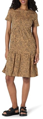 Amazon Essentials Vestido Escalonado de Manga Corta con Cuello Redondo Mujer, Camel Oscuro Leopardo, L