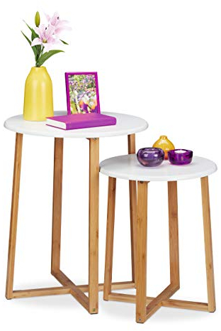 Relaxdays Beistelltisch 2er Set, runde Satztische, 48,5 & 60,5 cm hoch, modernes Design, Wohnzimmertisch, Natur/weiß