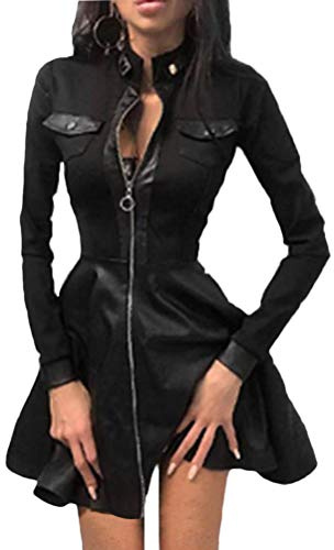 Onsoyours Abiti Donna Moda Scollo A V Manica Lunga in Pizzo Patchwork Mini Abito con Cerniera Abito in Pelle Aderente Cocktail Vestito Eleganti Festa Swing Dress (2XL, B Nero)