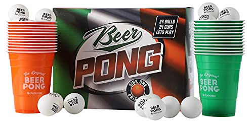 Komonee Beer Pong Set 48 PCS Ireland Colours American Adult Indoor Novelty Party Drinking Game 24 Re-usable Cups and 24 High Bounce Balls Great For Irish Paddys Day and Saint Patrick's Day