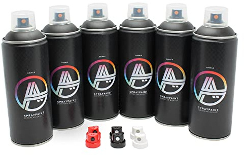 Double A Spraypaint Sprühdosen Set, Paket Black, 6x400ml Schwarz Spraydosen 400ml + Sprühaufsätze