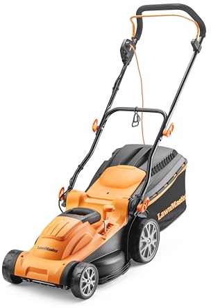LawnMaster 1600W Electric Lawn Mower with 37cm cutting width, ideal for medium sized lawns. Rear roller for striped finish. With 6 adjustable cutting heights and mulching plug, Orange