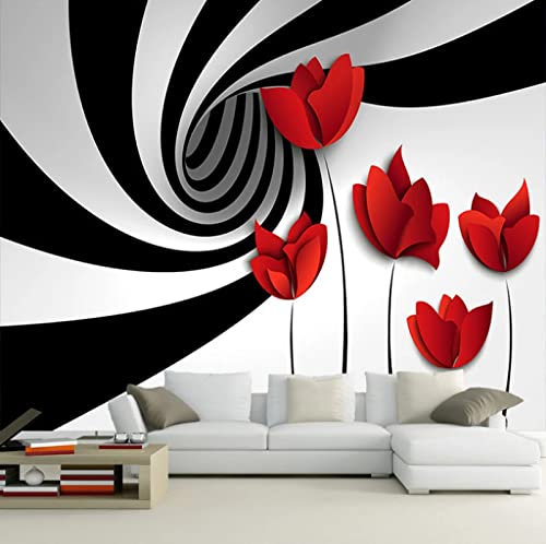 fsdgdf Photo Wallpaper 3D Modern 3D Black and White Striped Flowers Non-Woven Wallpaper Mural Living Room Bedroom Wall Decor 450(W) X315(H) Cm