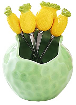 Céramique exquise ， Fourchette à dessert cuillère ensemble de couverts, avec pot de rangement en céramique, fourchettes à dessert en acier inoxydable, fourchettes à fruits, for gâteaux salade de fruit