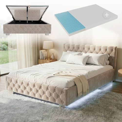Juskys Polsterbett Nizza 140x200 cm mit Matratze, Bettgestell mit Lattenrost, Stauraum & LED Beleuchtung, Samtbezug, Chesterfield-Steppung, Beige