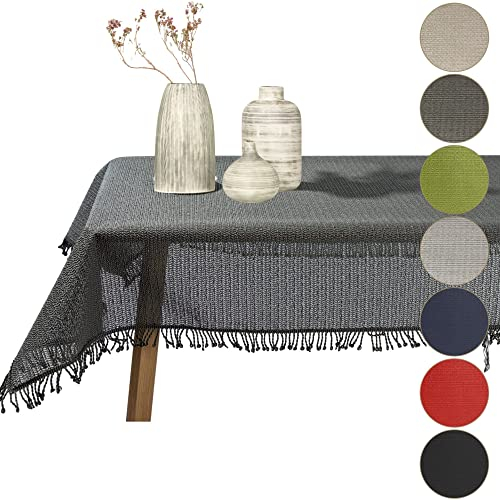 Gartentischdecke geschäumt eckig rund oval wetterfest rutschfeste Weichschaum Tischdecke abwaschbar Garten Balkon Outdoor Camping mit Fransen (Dunkelgrau, 130x160cm (BxL))