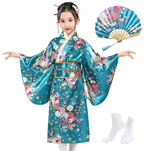 KRUIHAN Japanische Kimono Kinder,Satin Kimono Kleid,Kimono Morgenmantel Japanisch Kinder,Mädchen Faschingskostüme Party Kleid,Mit Falten Fan und Tabi Socken,Stil A-Türkis-150