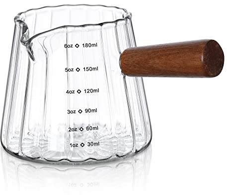 Joeyan 6oz/180ml Bicchiere Dosatore per Espresso con Beccuccio, Caraffa Graduata in Vetro, Borosilicato Bicchiere Misurino con Manico in Legno per Caffè Succo cocktail Latte Liquido