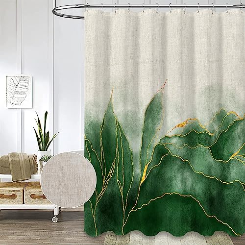 Duschvorhang aus Leinen, Marmor, Ombré-Stil, Grün, Gold, modernes Badezimmer, Kunst, Dekor, Smaragdgrün, goldener Stoff, wasserdicht, strapazierfähig, 230 g/m², strukturiertes Baumwollleinen, 183 x