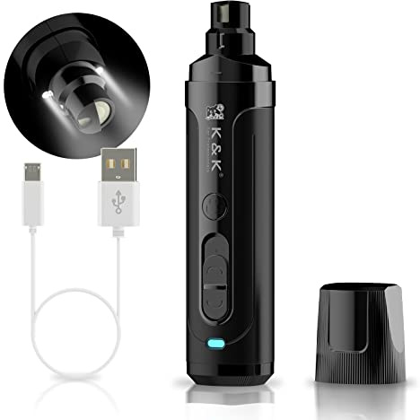 K&K Dog Nail Grinder, Professional 2-Speed Electric Pet Nail Trimmer, LED Light, for Small Medium Large Dogs, Cats (Black) (Black)