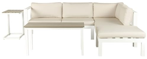 Beliani Conjunto de Sala de Estar 5 plazas de Metal Blanco Madera Clara Beige Cojines Mesa Messina