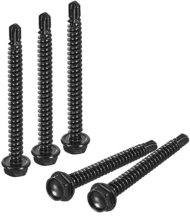 uxcell #8 x 2 Hex Washer Head Self Drilling Screws 100Pcs 410 Stainless Steel Sheet Metal Self Tapping Screws for Metal Wood, Black