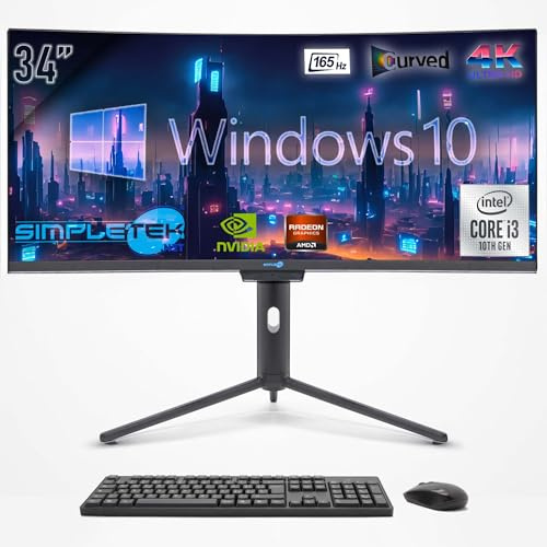 SIMPLETEK - Ordinateur Tout en Un Écran incurvé 34 4K 165Hz pour les jeux, graphiques | Core i5 10° Gen | Windows 10 Pro | GPU RX 550 4 Go | 4 Go RAM SSD 120 Go | 2K Webcam | BT 5.2
