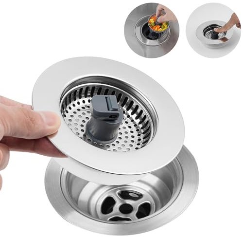 Hibbent 3 in 1 Kitchen Sink Drain Strainer, Stainless Steel Wrapped Shell Drain Stopper Combo, Pop Up Sink Stopper, Stainless Steel Anti-Clogging Basket Strainer for US Standard 3-1/2 Drain