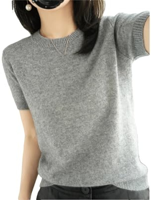 Pull à manches courtes et col rond en coton mélangé pour femme, gris, Taille L