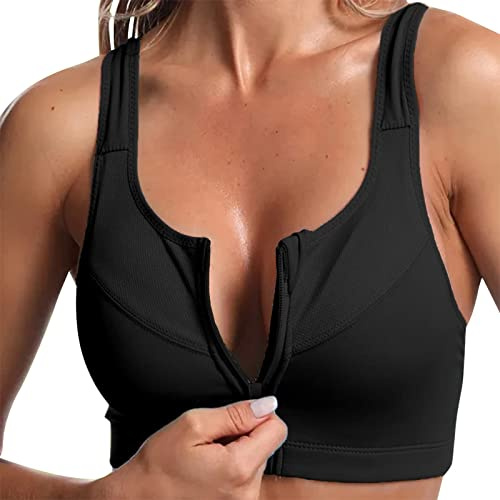 ThiCc Women's Zip Front Closure Sports Bras - High Impact Wireless Racerback Post Surgery Bra Acitive Yoga Workout Running Gym Exercise Athletic Bra