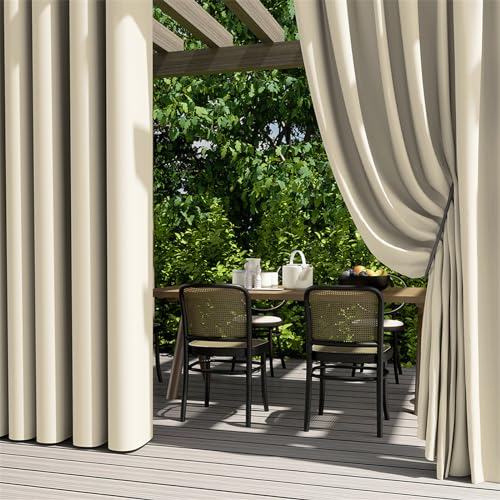 Hiseng Outdoor Vorhang Wetterfest mit Ösen 2er Set Grau Balkon Outdoorvorhänge Wasserdicht Blickdicht Vorhang Outdoor Sichtschutz Sonnenschutz Vorhänge für Garten Terrasse (132x182cm,Cremeweiß)