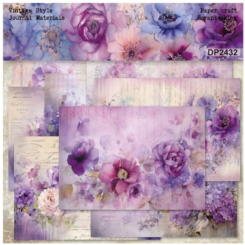 ZAKHSE Motivpapier Designpapier, 24 Blätter Lila Blüten Blumenmuster Design Papier Einseitig Bedruckt Scrapbook Papier, 21×14,5cm Bastelpapier DIY Kartengestaltung Scrapbook Zubehör-8 Muster