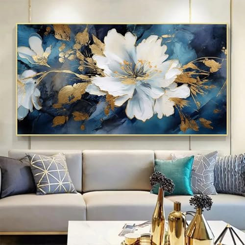 NXMYDBD Blaue weiße Blume Boho Großes langes Poster Wandkunst Leinwand Moderne Malerei Druck Bild Wohnzimmer Inneneinrichtung 50x100cm (20x39 Zoll) Ungerahmt